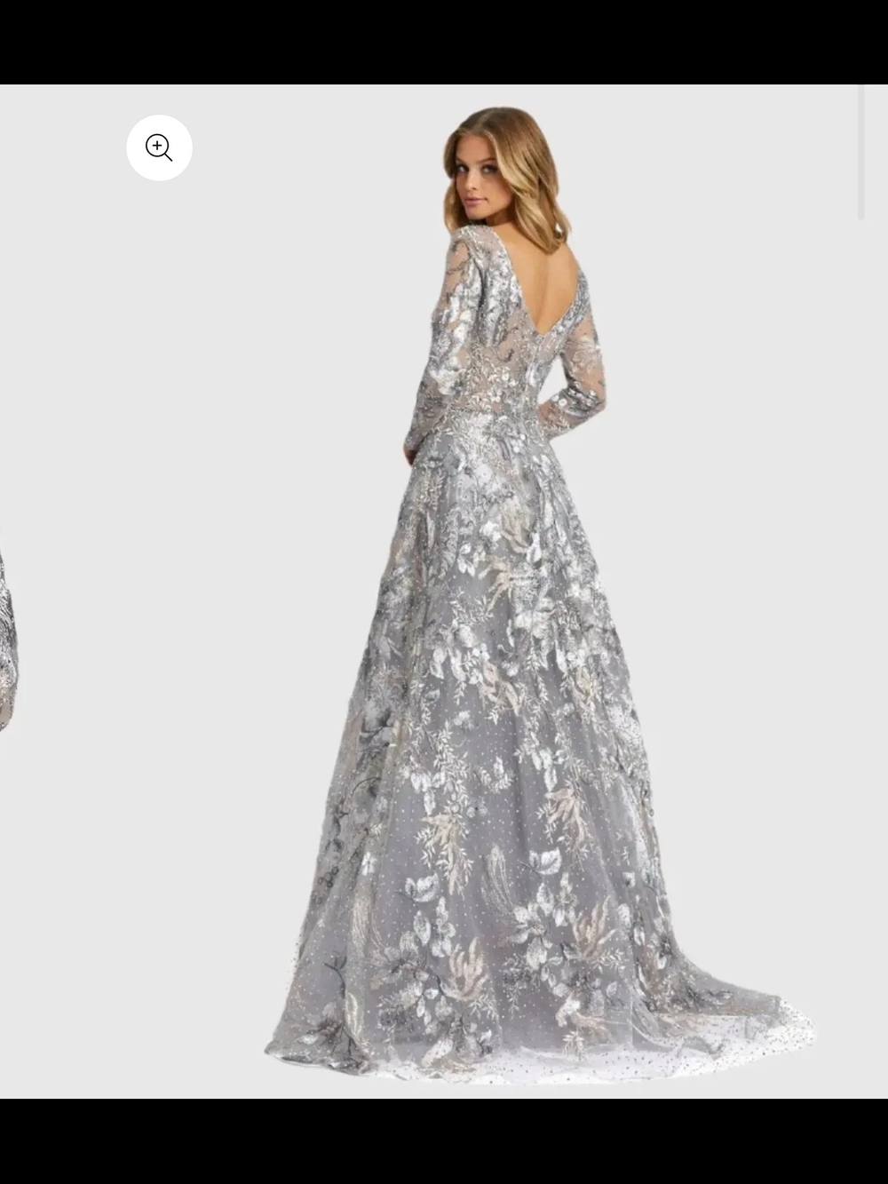 Mac Duggal Silver Embellished Floral V-Back Maxi Gown